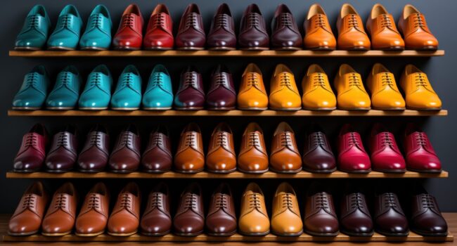 Collection of colorful shoes neatly lined up on wooden shelves.